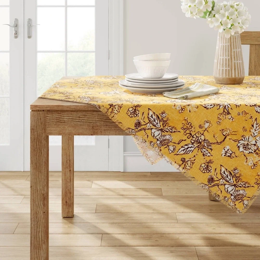 Threshold Yellow Frayed Edge Farmhouse Table Cloth Throw 50 “x 50” Vintage style